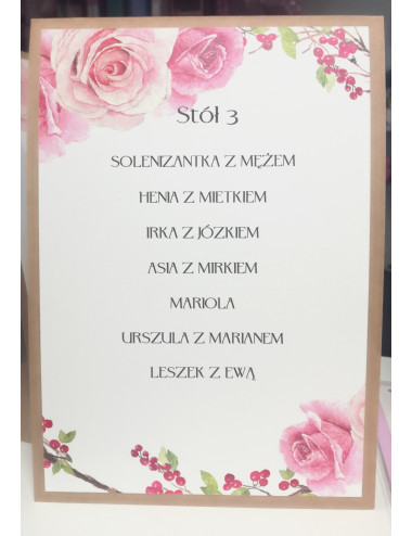 Stojak z nazwiskami gości numer stołu EKO róże