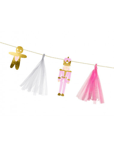 Świąteczna girlanda papierowa złoto różowa z pajacykiem i piernikowym ludzikiem